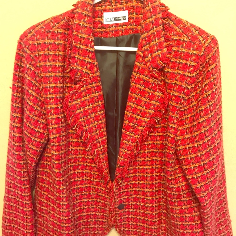 Red tweed wool, polyester blend short jacket